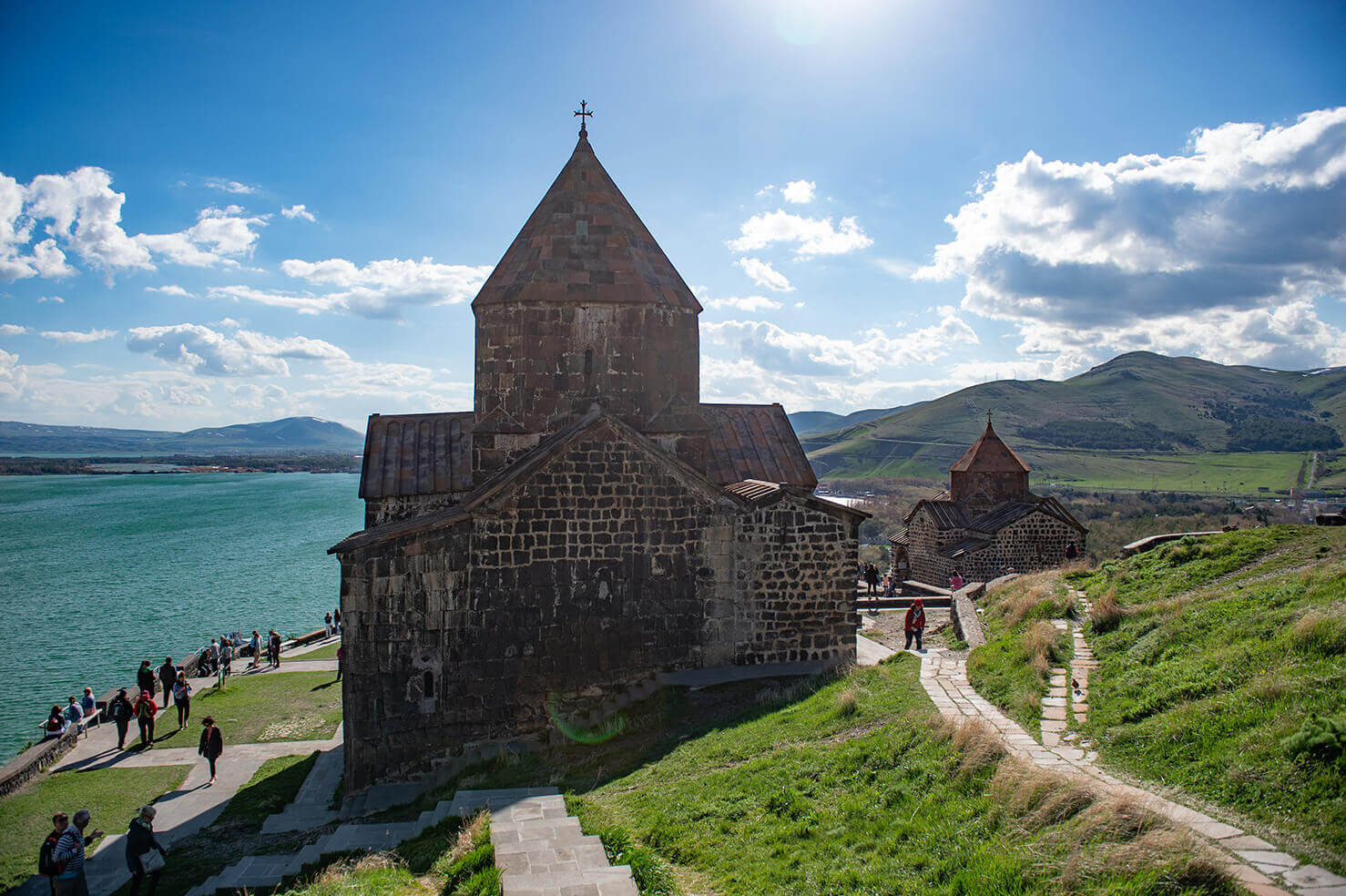 Ancient churches at Sevanavank monastery overlooking Lake Sevan.